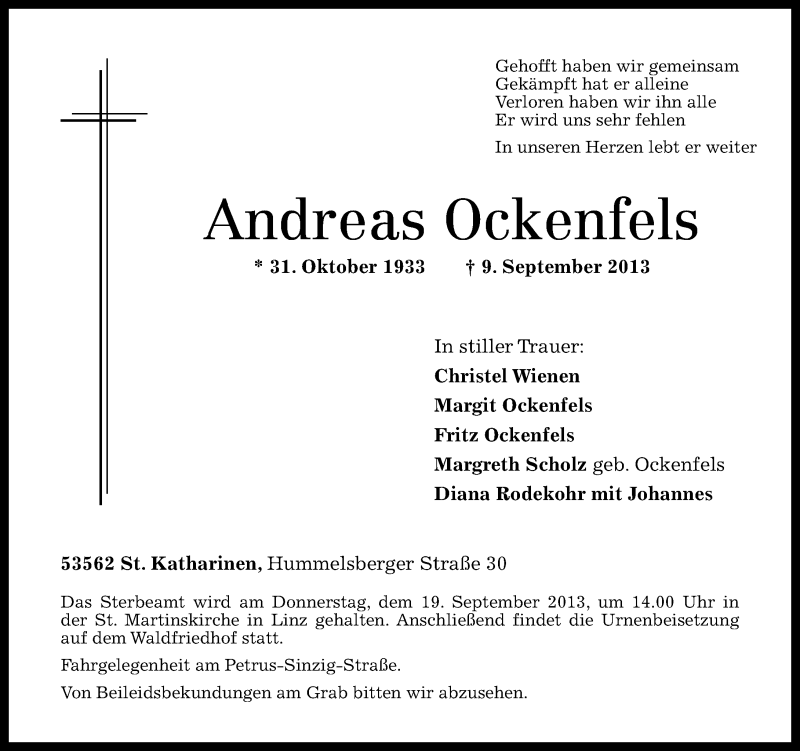  Traueranzeige für Andreas Ockenfels vom 13.09.2013 aus Rhein-Zeitung