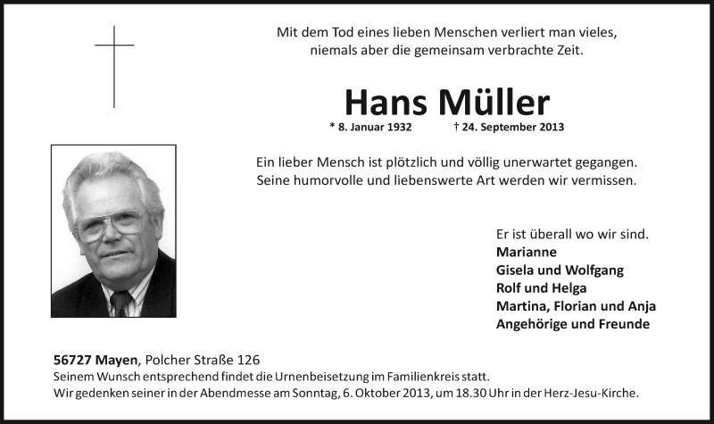  Traueranzeige für Hans Müller vom 28.09.2013 aus Rhein-Zeitung