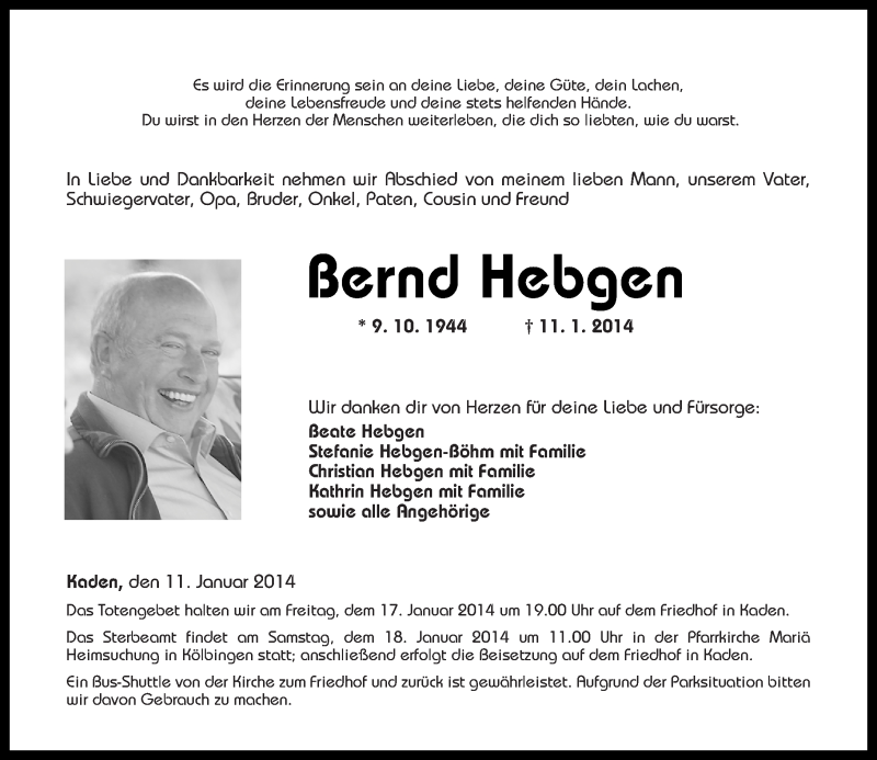  Traueranzeige für Bernd Hebgen vom 16.01.2014 aus Westerwälder Zeitung