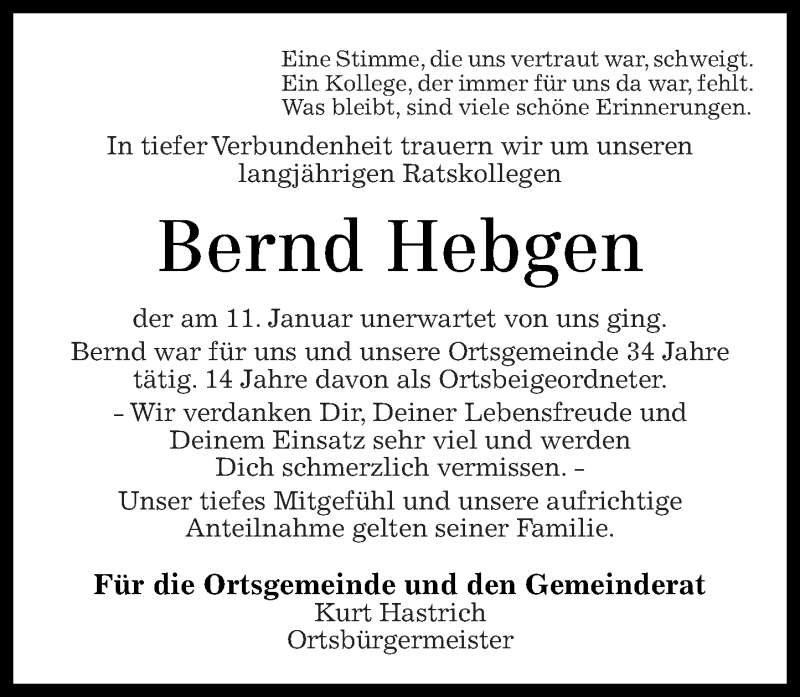  Traueranzeige für Bernd Hebgen vom 17.01.2014 aus Westerwälder Zeitung