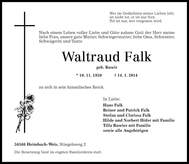  Traueranzeige für Waltraud Falk vom 25.01.2014 aus Rhein-Zeitung