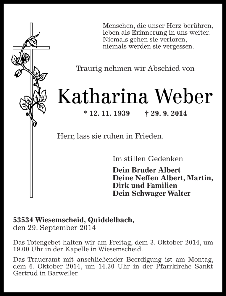  Traueranzeige für Katharina Weber vom 02.10.2014 aus Rhein-Zeitung