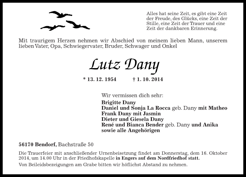  Traueranzeige für Lutz Dany vom 11.10.2014 aus Rhein-Zeitung