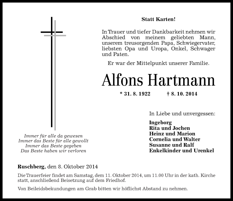  Traueranzeige für Alfons Hartmann vom 10.10.2014 aus Nahe-Zeitung