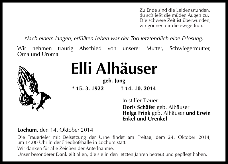  Traueranzeige für Elli Alhäuser vom 21.10.2014 aus Westerwälder Zeitung
