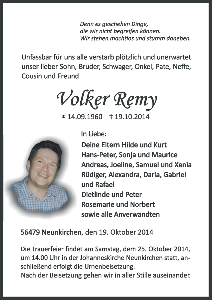  Traueranzeige für Volker Remy vom 23.10.2014 aus Westerwälder Zeitung