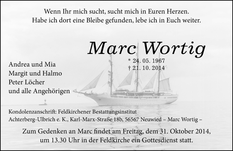  Traueranzeige für Marc Wortig vom 25.10.2014 aus Rhein-Zeitung