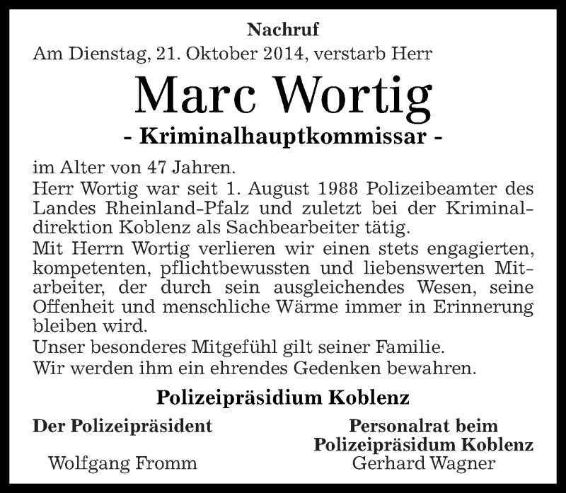  Traueranzeige für Marc Wortig vom 30.10.2014 aus Rhein-Zeitung