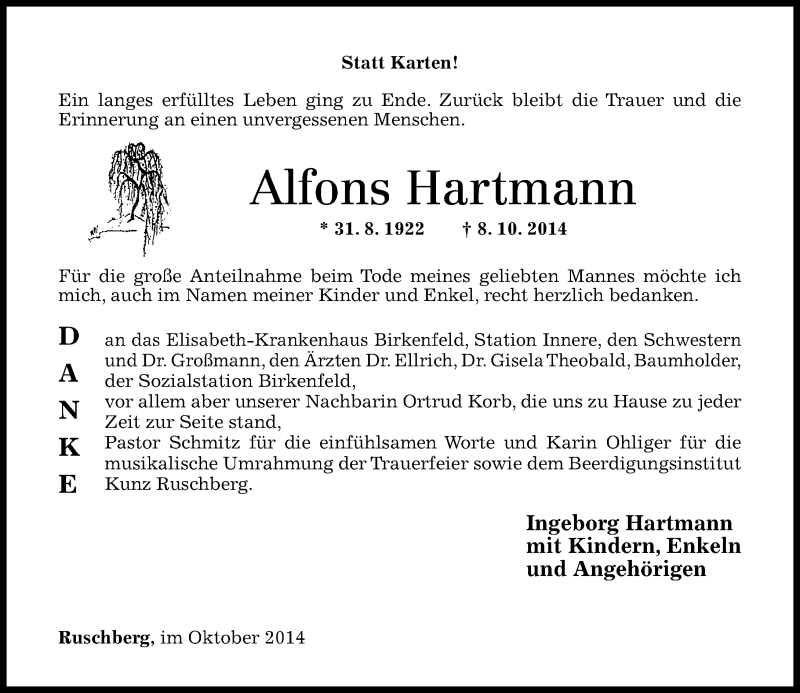 Traueranzeige für Alfons Hartmann vom 31.10.2014 aus Nahe-Zeitung