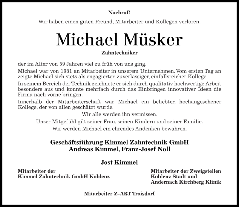  Traueranzeige für Michael Müsker vom 31.10.2014 aus Rhein-Zeitung