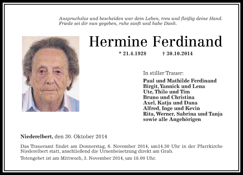  Traueranzeige für Hermine Ferdinand vom 04.11.2014 aus Westerwälder Zeitung