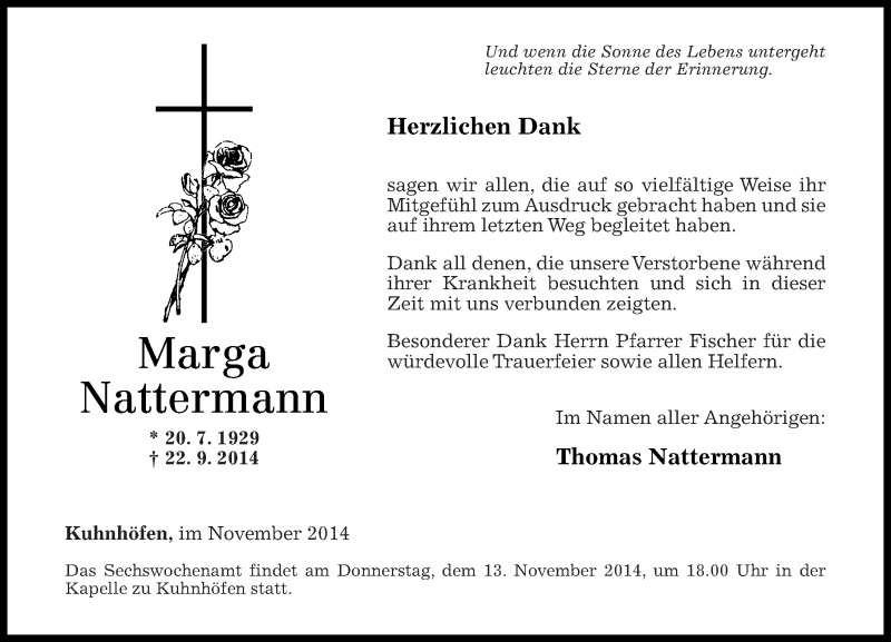  Traueranzeige für Marga Nattermann vom 10.11.2014 aus Westerwälder Zeitung