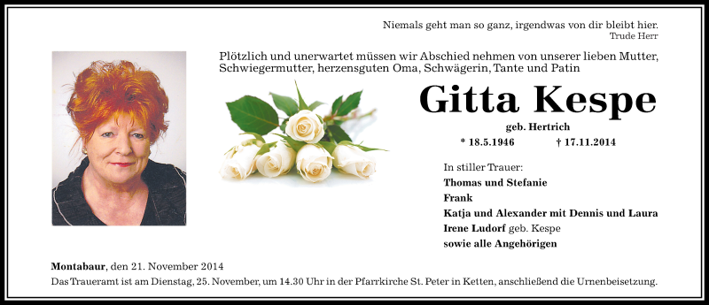  Traueranzeige für Gitta Kespe vom 21.11.2014 aus Westerwälder Zeitung