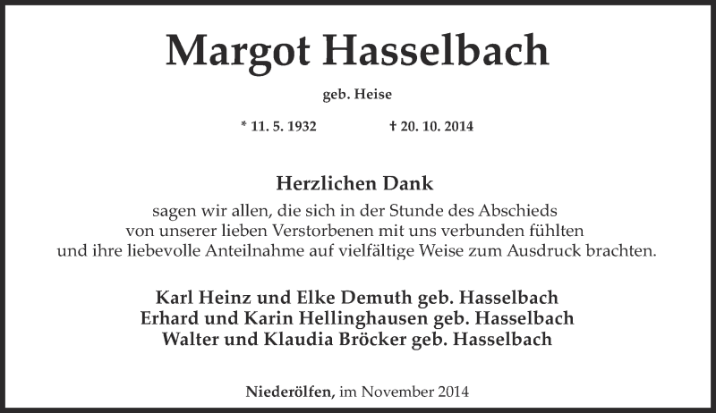  Traueranzeige für Margot Hasselbach vom 29.11.2014 aus Rhein-Zeitung