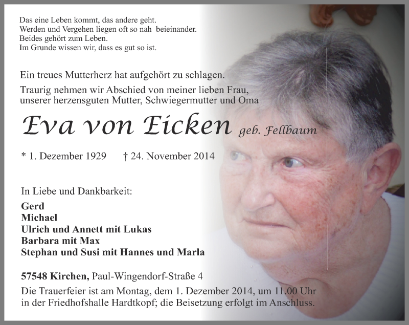  Traueranzeige für Eva von Eicken  vom 27.11.2014 aus Rhein-Zeitung