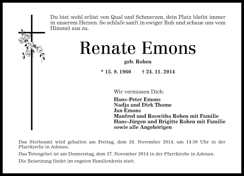  Traueranzeige für Renate Emons vom 27.11.2014 aus Rhein-Zeitung