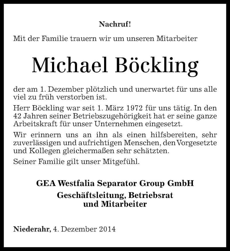  Traueranzeige für Michael Böckling vom 05.12.2014 aus Westerwälder Zeitung