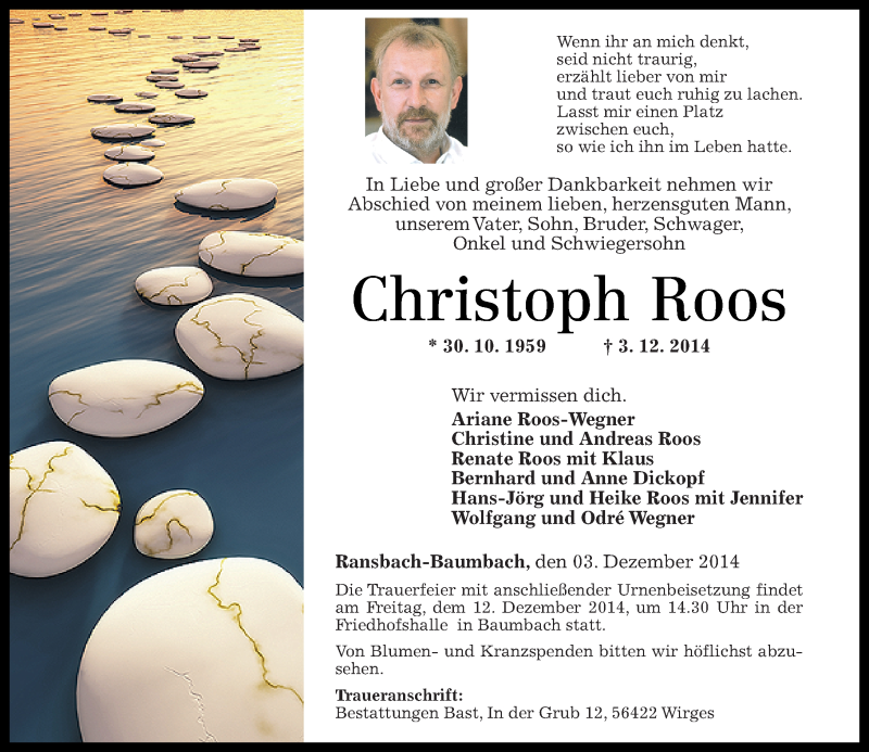  Traueranzeige für Christoph Roos vom 06.12.2014 aus Westerwälder Zeitung