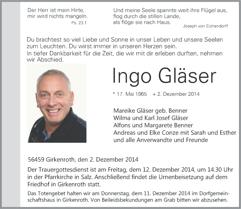  Traueranzeige für Ingo Gläser vom 09.12.2014 aus Westerwälder Zeitung