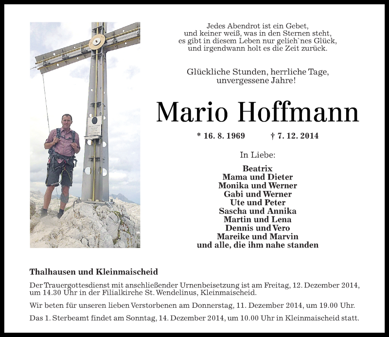  Traueranzeige für Mario Hoffmann vom 09.12.2014 aus Rhein-Zeitung