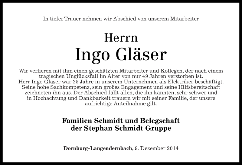  Traueranzeige für Ingo Gläser vom 09.12.2014 aus Westerwälder Zeitung