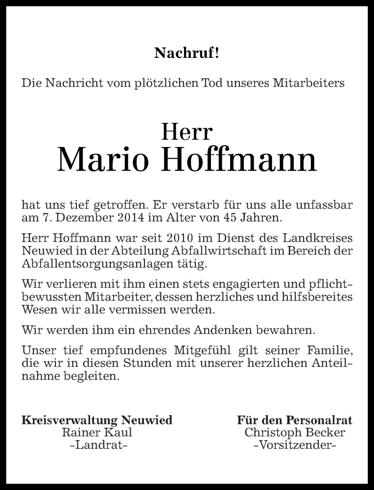  Traueranzeige für Mario Hoffmann vom 10.12.2014 aus Rhein-Zeitung