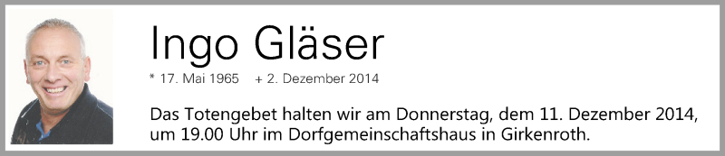  Traueranzeige für Ingo Gläser vom 10.12.2014 aus Westerwälder Zeitung