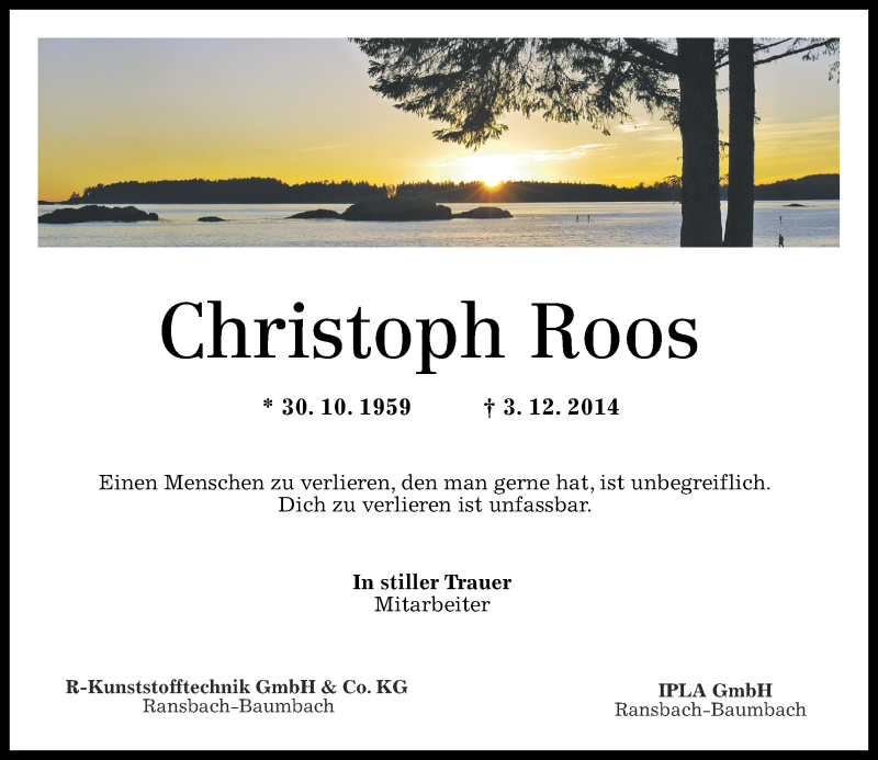  Traueranzeige für Christoph Roos vom 11.12.2014 aus Westerwälder Zeitung