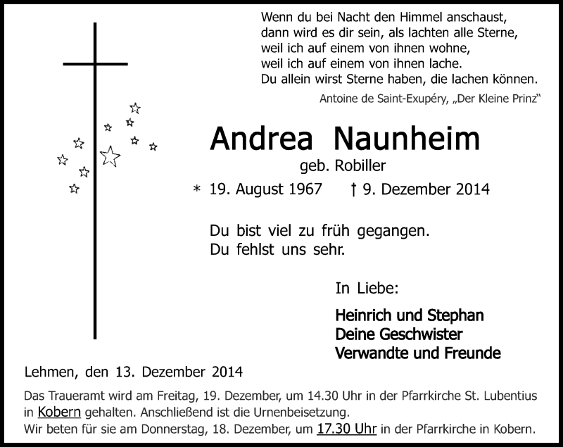  Traueranzeige für Andrea Naunheim vom 13.12.2014 aus Rhein-Zeitung