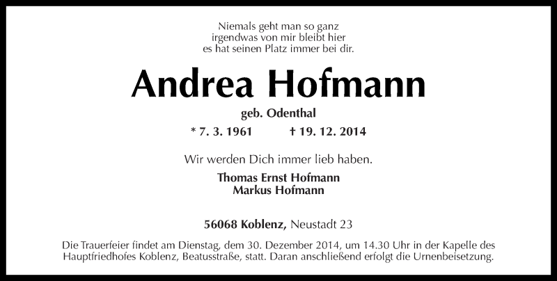  Traueranzeige für Andrea Hofmann vom 22.12.2014 aus Rhein-Zeitung