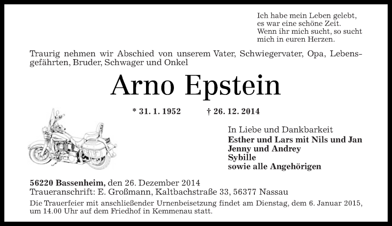  Traueranzeige für Arno Epstein vom 31.12.2014 aus Rhein-Zeitung