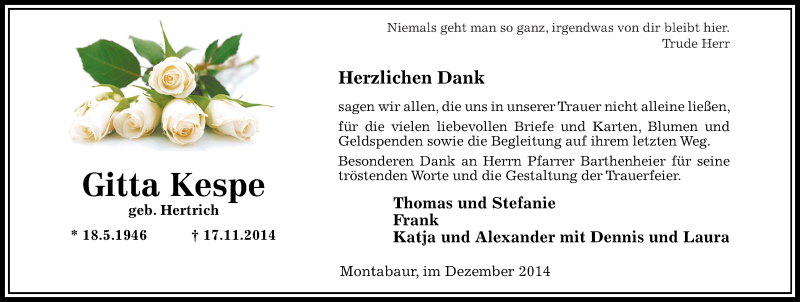  Traueranzeige für Gitta Kespe vom 31.12.2014 aus Westerwälder Zeitung