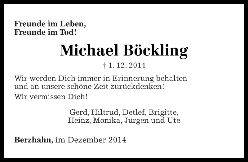  Traueranzeige für Michael Böckling vom 04.12.2014 aus Westerwälder Zeitung