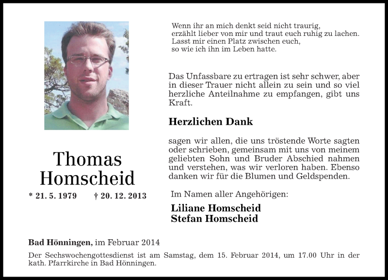  Traueranzeige für Thomas Homscheid vom 01.02.2014 aus Rhein-Zeitung
