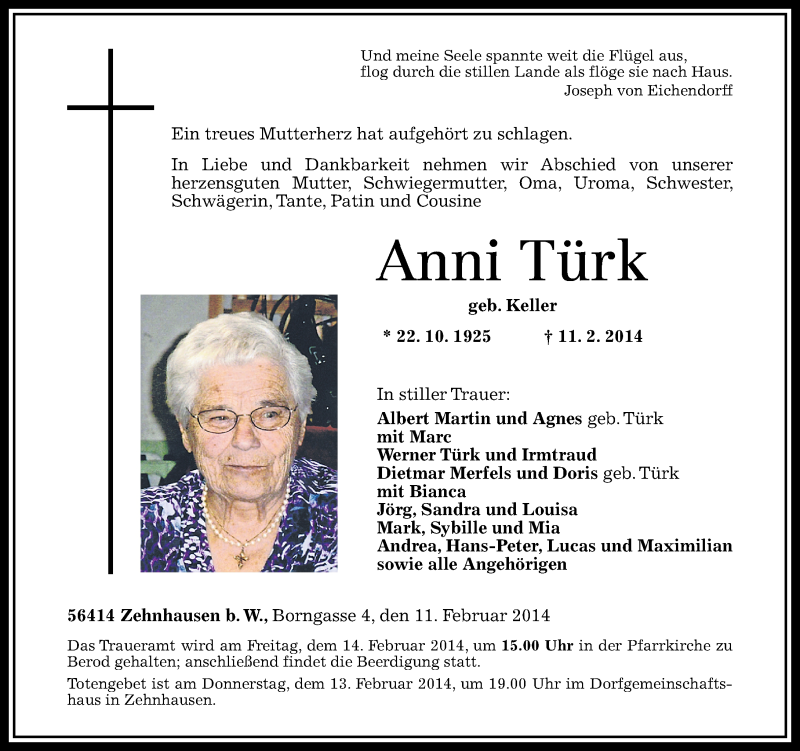  Traueranzeige für Anni Türk vom 13.02.2014 aus Westerwälder Zeitung