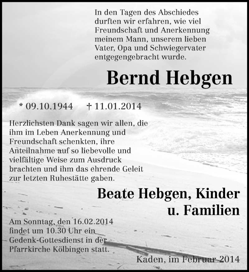  Traueranzeige für Bernd Hebgen vom 15.02.2014 aus Westerwälder Zeitung