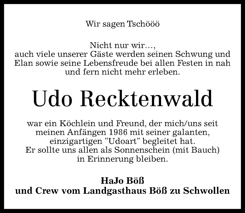  Traueranzeige für Udo Recktenwald vom 15.02.2014 aus Nahe-Zeitung