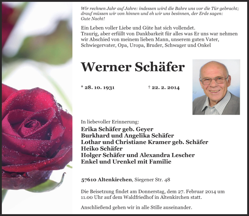  Traueranzeige für Werner Schäfer vom 25.02.2014 aus Rhein-Zeitung
