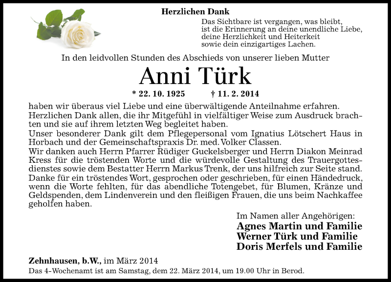  Traueranzeige für Anni Türk vom 08.03.2014 aus Westerwälder Zeitung