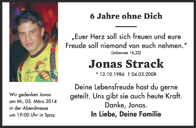  Traueranzeige für Jonas Strack vom 04.03.2014 aus Rhein-Zeitung