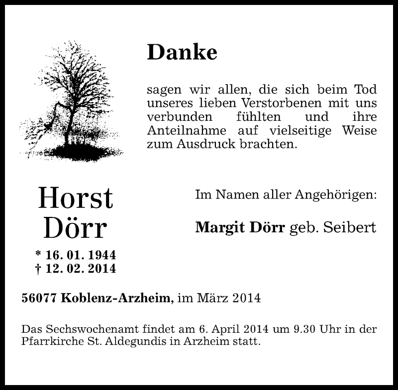  Traueranzeige für Horst Dörr vom 15.03.2014 aus Rhein-Zeitung