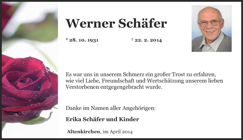  Traueranzeige für Werner Schäfer vom 05.04.2014 aus Rhein-Zeitung