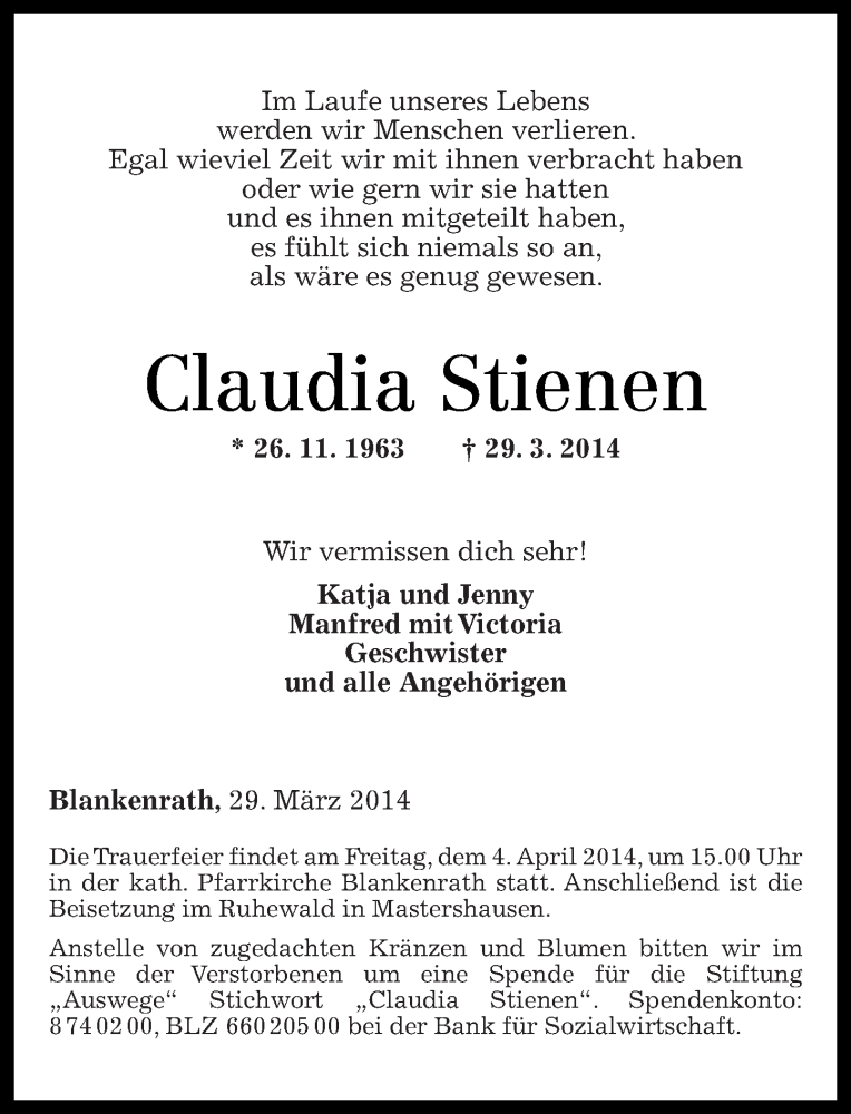  Traueranzeige für Claudia Stienen vom 02.04.2014 aus Rhein-Zeitung