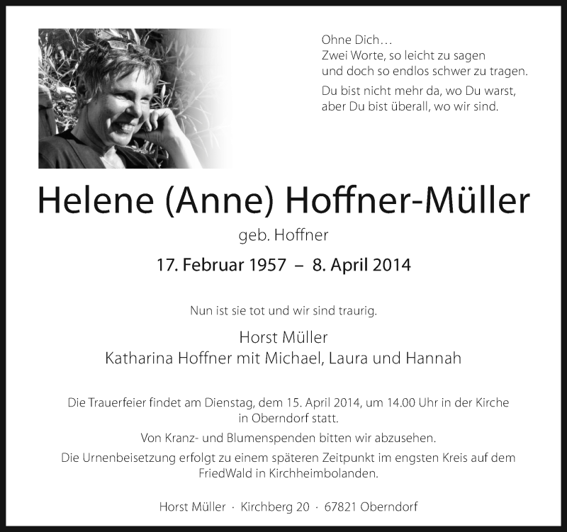  Traueranzeige für Helene Hoffner-Müller vom 12.04.2014 aus Oeffentlicher Anzeiger