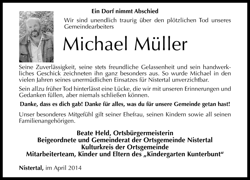  Traueranzeige für Michael Müller vom 12.04.2014 aus Westerwälder Zeitung