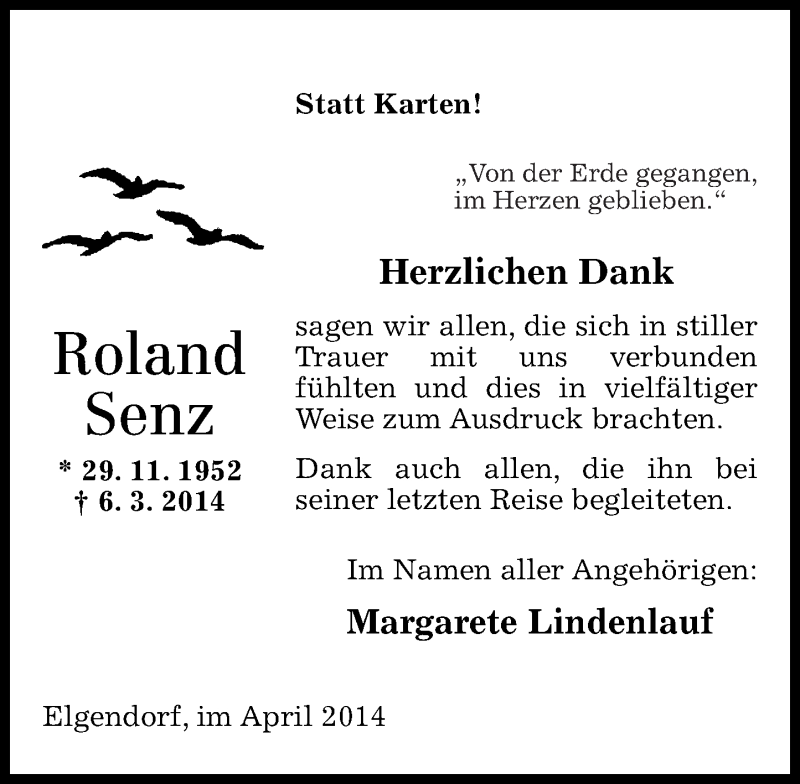  Traueranzeige für Roland Senz vom 12.04.2014 aus Westerwälder Zeitung
