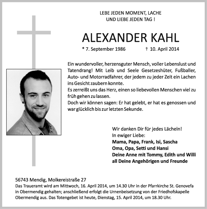  Traueranzeige für Alexander Kahl vom 15.04.2014 aus Rhein-Zeitung