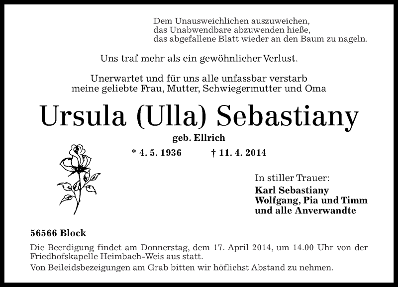  Traueranzeige für Ursula  Sebastiany vom 16.04.2014 aus Rhein-Zeitung