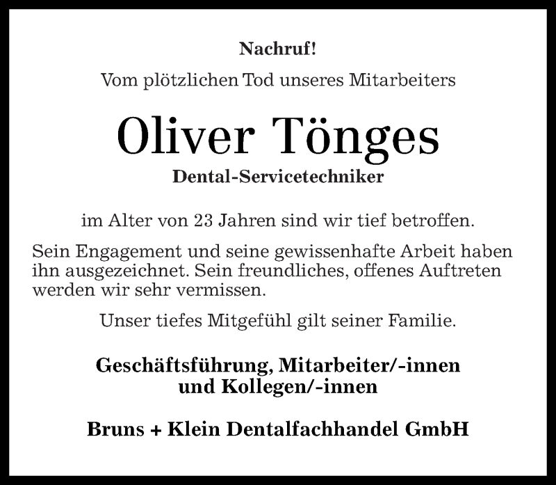  Traueranzeige für Oliver Tönges vom 30.04.2014 aus Rhein-Zeitung