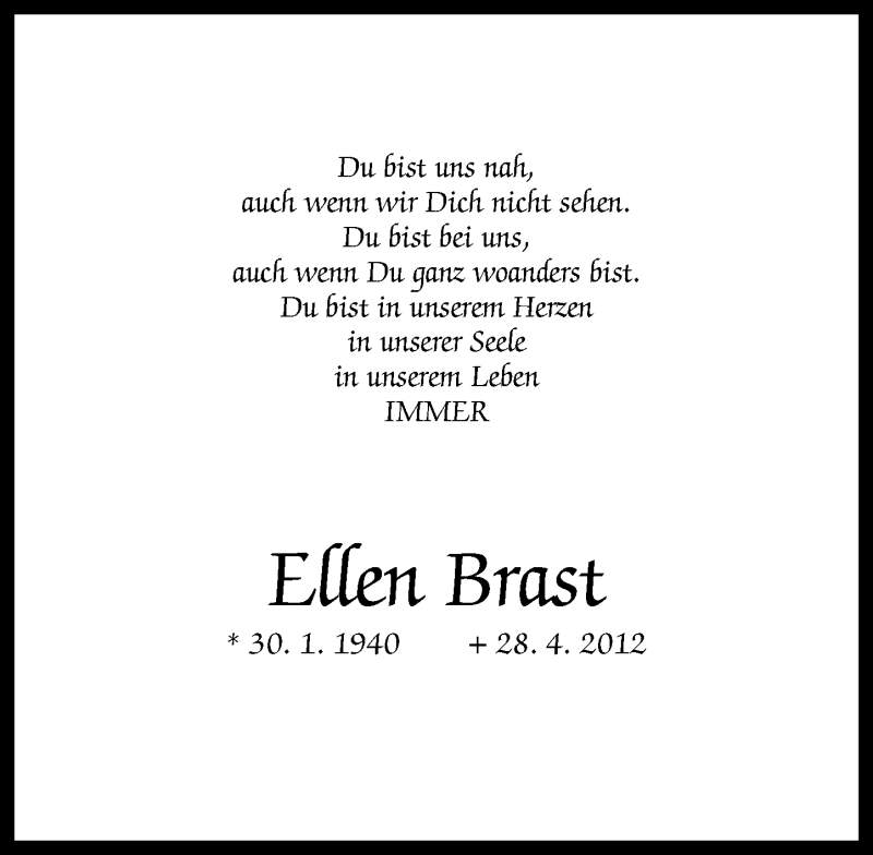  Traueranzeige für Ellen Brast vom 26.04.2014 aus Westerwälder Zeitung
